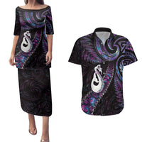 New Zealand Aotearoa Couples Matching Puletasi and Hawaiian Shirt Maori Manaia Paua Shell Glitter Purple