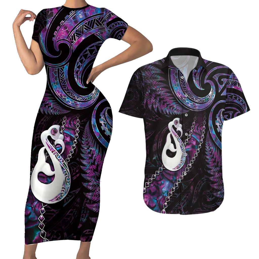 New Zealand Aotearoa Couples Matching Short Sleeve Bodycon Dress and Hawaiian Shirt Maori Manaia Paua Shell Glitter Purple LT05 Purple - Polynesian Pride