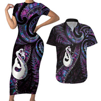 New Zealand Aotearoa Couples Matching Short Sleeve Bodycon Dress and Hawaiian Shirt Maori Manaia Paua Shell Glitter Purple LT05 Purple - Polynesian Pride