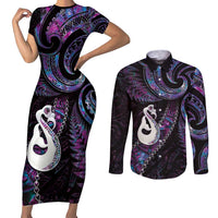 New Zealand Aotearoa Couples Matching Short Sleeve Bodycon Dress and Long Sleeve Button Shirt Maori Manaia Paua Shell Glitter Purple