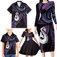 New Zealand Aotearoa Family Matching Long Sleeve Bodycon Dress and Hawaiian Shirt Maori Manaia Paua Shell Glitter Purple LT05 - Polynesian Pride