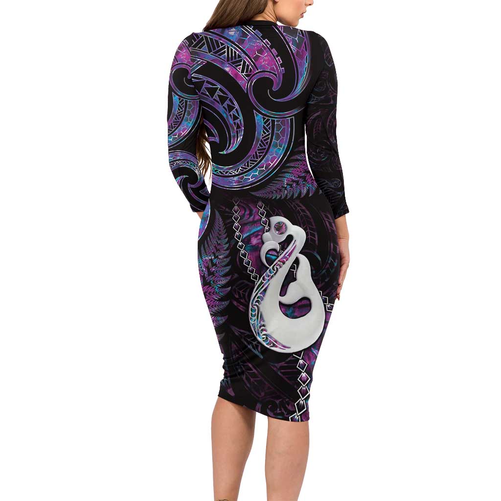 New Zealand Aotearoa Family Matching Long Sleeve Bodycon Dress and Hawaiian Shirt Maori Manaia Paua Shell Glitter Purple LT05 - Polynesian Pride
