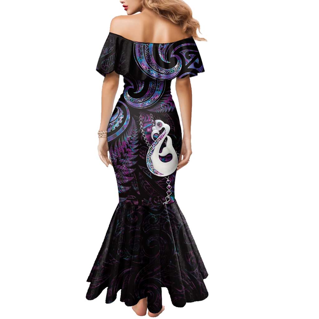 New Zealand Aotearoa Family Matching Mermaid Dress and Hawaiian Shirt Maori Manaia Paua Shell Glitter Purple LT05 - Polynesian Pride