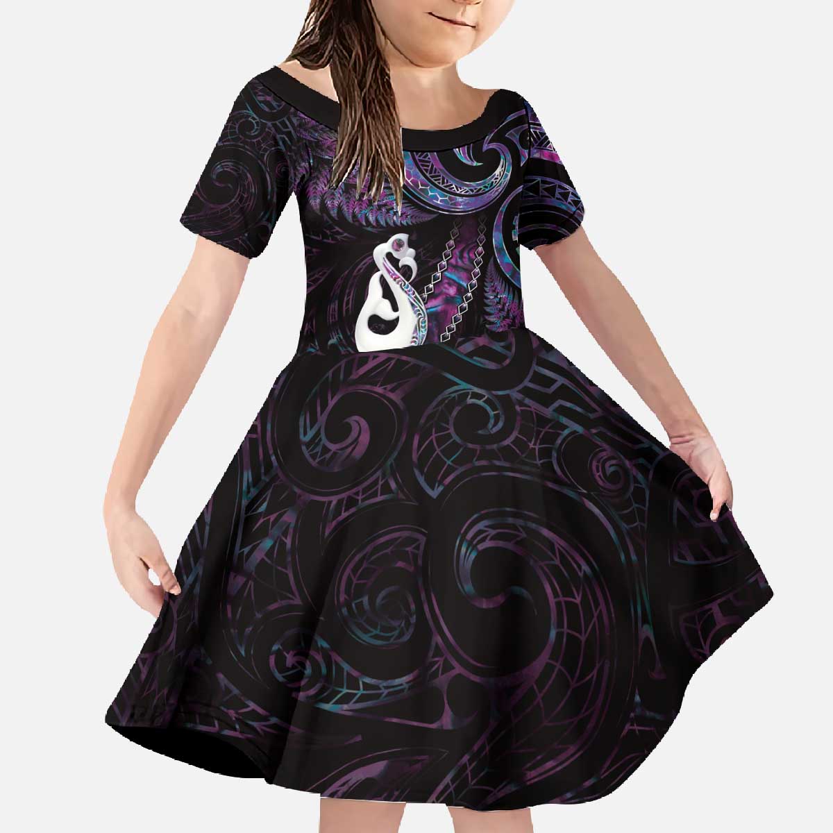 New Zealand Aotearoa Family Matching Off The Shoulder Long Sleeve Dress and Hawaiian Shirt Maori Manaia Paua Shell Glitter Purple LT05 Daughter's Dress Purple - Polynesian Pride