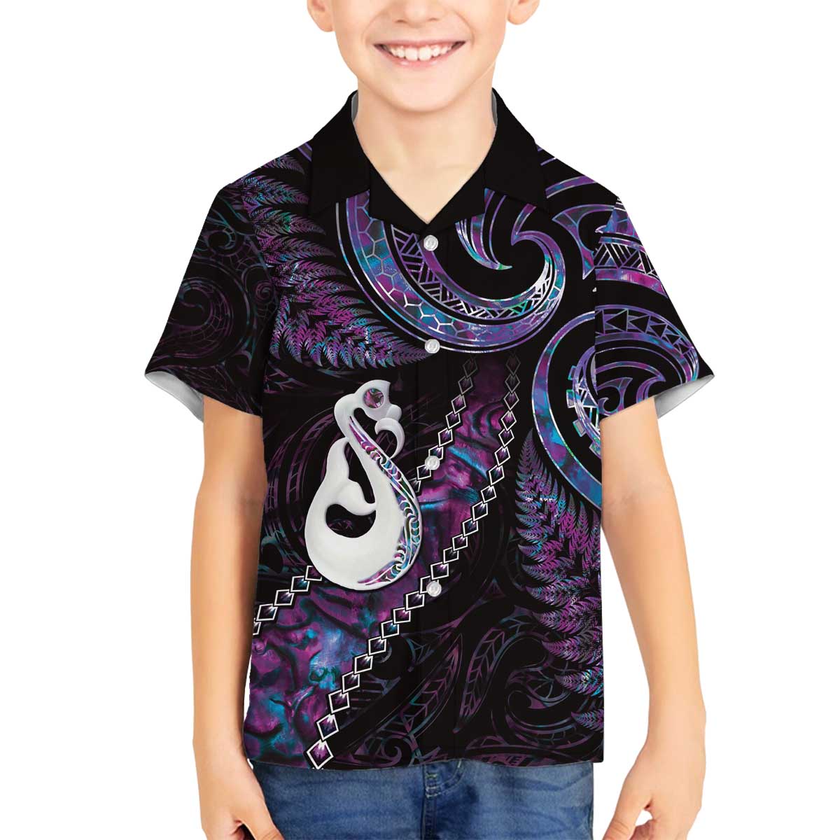 New Zealand Aotearoa Family Matching Off The Shoulder Long Sleeve Dress and Hawaiian Shirt Maori Manaia Paua Shell Glitter Purple LT05 Son's Shirt Purple - Polynesian Pride