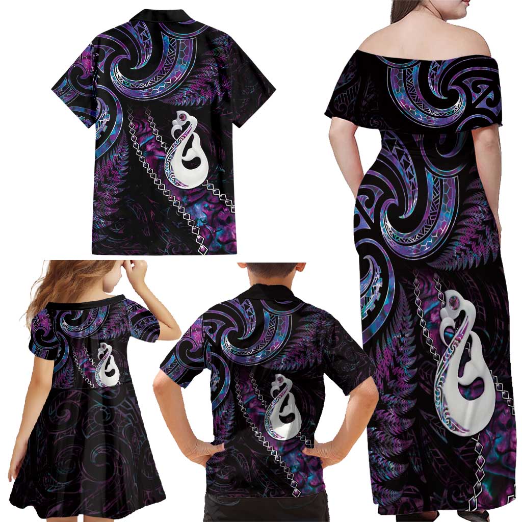 New Zealand Aotearoa Family Matching Off Shoulder Maxi Dress and Hawaiian Shirt Maori Manaia Paua Shell Glitter Purple LT05 - Polynesian Pride