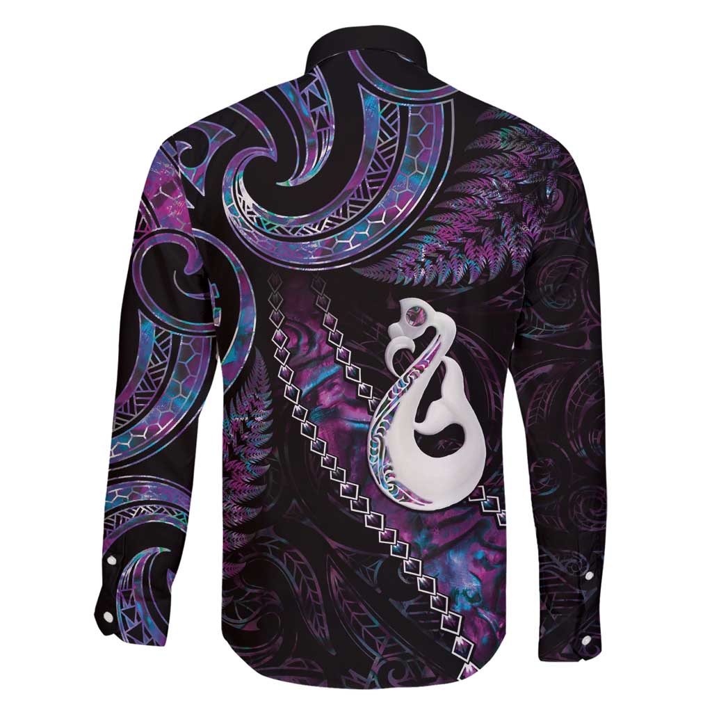 New Zealand Aotearoa Family Matching Off Shoulder Maxi Dress and Hawaiian Shirt Maori Manaia Paua Shell Glitter Purple LT05 - Polynesian Pride