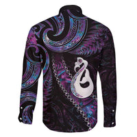 New Zealand Aotearoa Family Matching Off Shoulder Maxi Dress and Hawaiian Shirt Maori Manaia Paua Shell Glitter Purple LT05 - Polynesian Pride