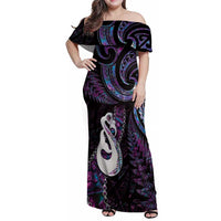 New Zealand Aotearoa Family Matching Off Shoulder Maxi Dress and Hawaiian Shirt Maori Manaia Paua Shell Glitter Purple LT05 Mom's Dress Purple - Polynesian Pride