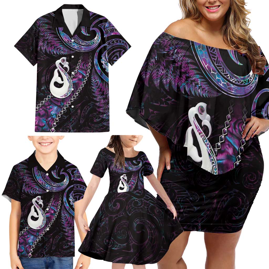 New Zealand Aotearoa Family Matching Off Shoulder Short Dress and Hawaiian Shirt Maori Manaia Paua Shell Glitter Purple LT05 - Polynesian Pride