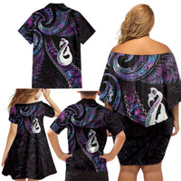 New Zealand Aotearoa Family Matching Off Shoulder Short Dress and Hawaiian Shirt Maori Manaia Paua Shell Glitter Purple LT05 - Polynesian Pride