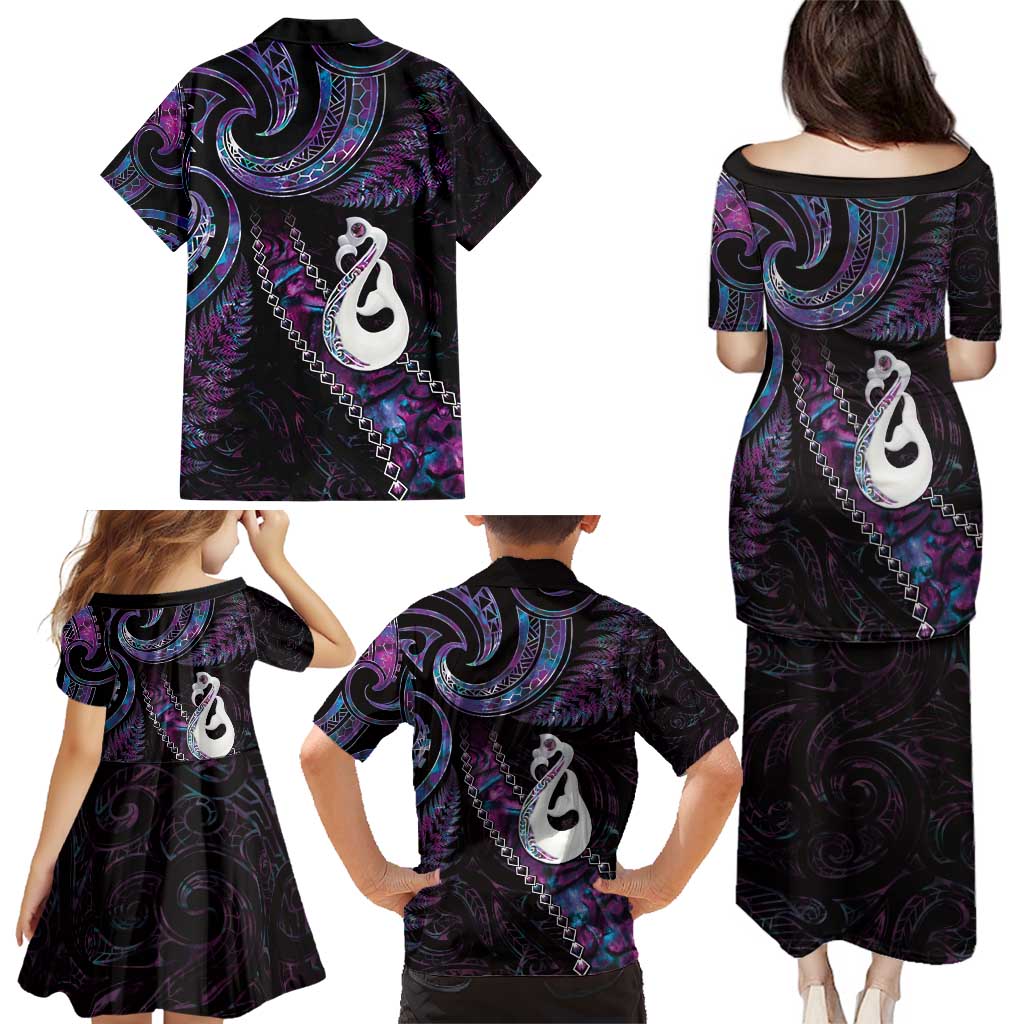 New Zealand Aotearoa Family Matching Puletasi and Hawaiian Shirt Maori Manaia Paua Shell Glitter Purple LT05 - Polynesian Pride