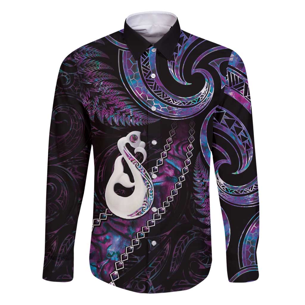 New Zealand Aotearoa Family Matching Puletasi and Hawaiian Shirt Maori Manaia Paua Shell Glitter Purple LT05 Dad's Shirt - Long Sleeve Purple - Polynesian Pride