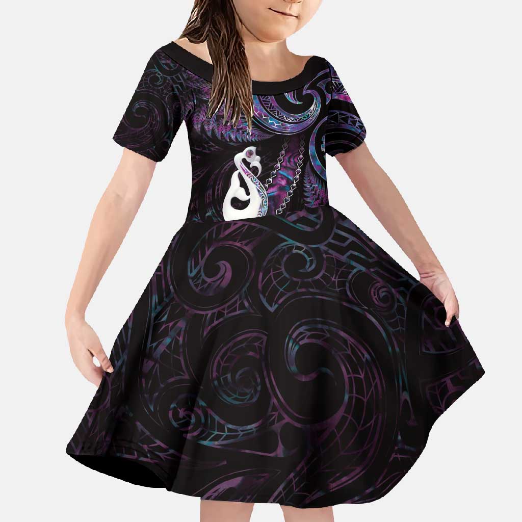 New Zealand Aotearoa Family Matching Short Sleeve Bodycon Dress and Hawaiian Shirt Maori Manaia Paua Shell Glitter Purple LT05 Daughter's Dress Purple - Polynesian Pride