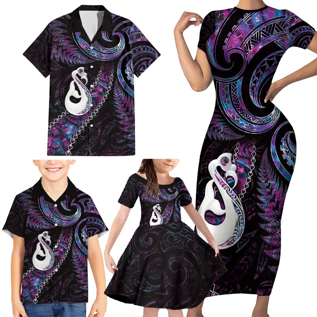 New Zealand Aotearoa Family Matching Short Sleeve Bodycon Dress and Hawaiian Shirt Maori Manaia Paua Shell Glitter Purple LT05 - Polynesian Pride