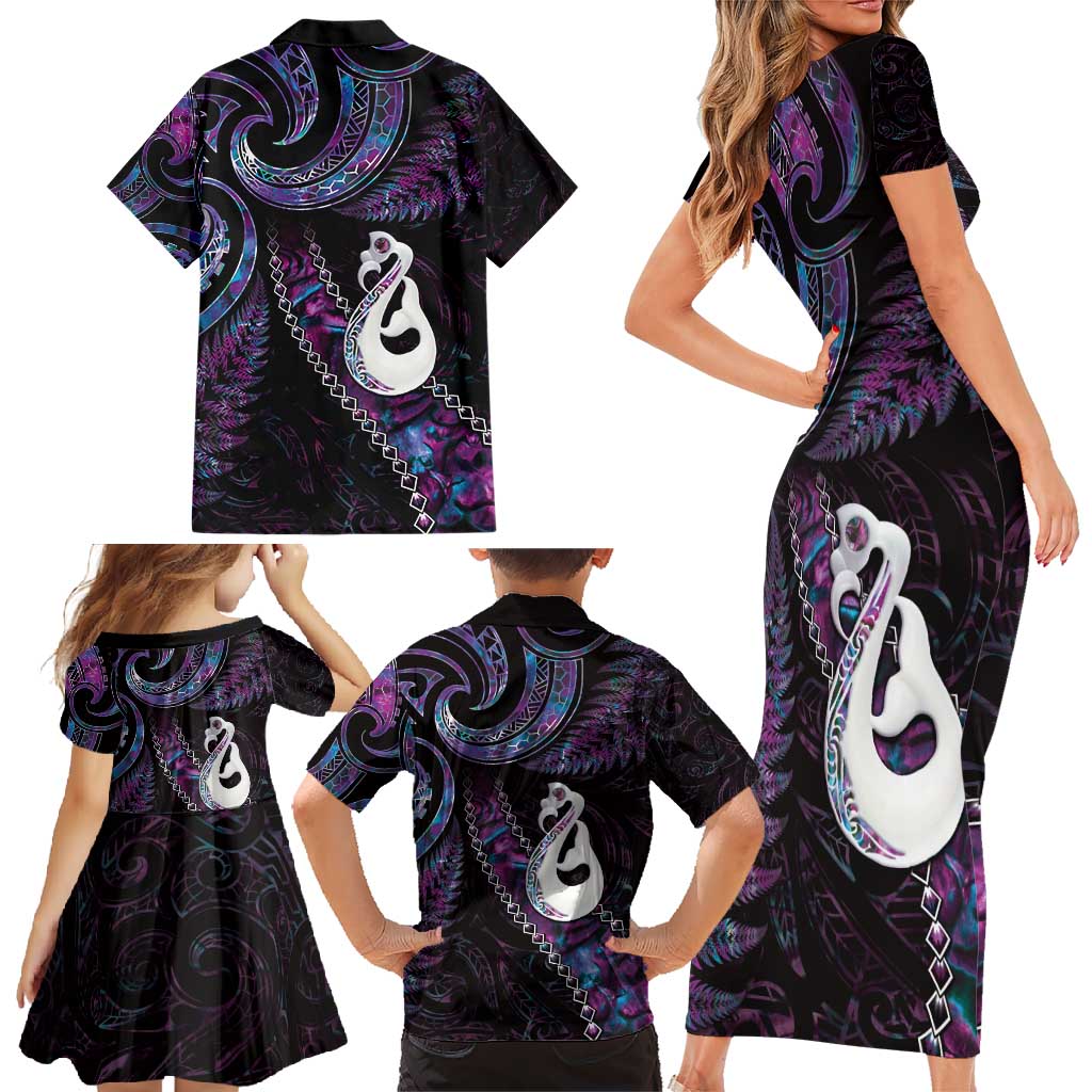 New Zealand Aotearoa Family Matching Short Sleeve Bodycon Dress and Hawaiian Shirt Maori Manaia Paua Shell Glitter Purple LT05 - Polynesian Pride