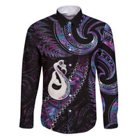 New Zealand Aotearoa Family Matching Short Sleeve Bodycon Dress and Hawaiian Shirt Maori Manaia Paua Shell Glitter Purple LT05 Dad's Shirt - Long Sleeve Purple - Polynesian Pride