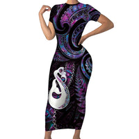 New Zealand Aotearoa Family Matching Short Sleeve Bodycon Dress and Hawaiian Shirt Maori Manaia Paua Shell Glitter Purple LT05 Mom's Dress Purple - Polynesian Pride