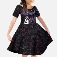 New Zealand Aotearoa Family Matching Summer Maxi Dress and Hawaiian Shirt Maori Manaia Paua Shell Glitter Purple LT05 Daughter's Dress Purple - Polynesian Pride