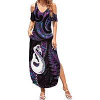 New Zealand Aotearoa Family Matching Summer Maxi Dress and Hawaiian Shirt Maori Manaia Paua Shell Glitter Purple LT05 Mom's Dress Purple - Polynesian Pride