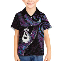 New Zealand Aotearoa Family Matching Summer Maxi Dress and Hawaiian Shirt Maori Manaia Paua Shell Glitter Purple LT05 Son's Shirt Purple - Polynesian Pride