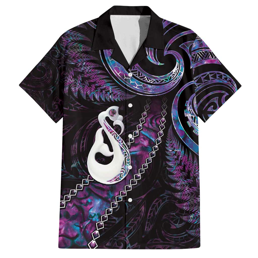 New Zealand Aotearoa Family Matching Tank Maxi Dress and Hawaiian Shirt Maori Manaia Paua Shell Glitter Purple LT05 Dad's Shirt - Short Sleeve Purple - Polynesian Pride