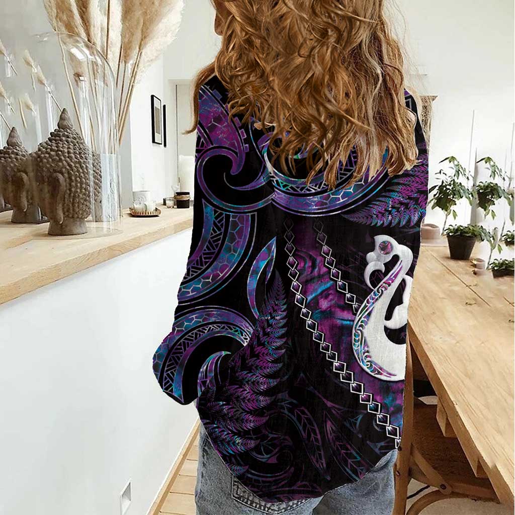 New Zealand Aotearoa Women Casual Shirt Maori Manaia Paua Shell Glitter Purple LT05 - Polynesian Pride