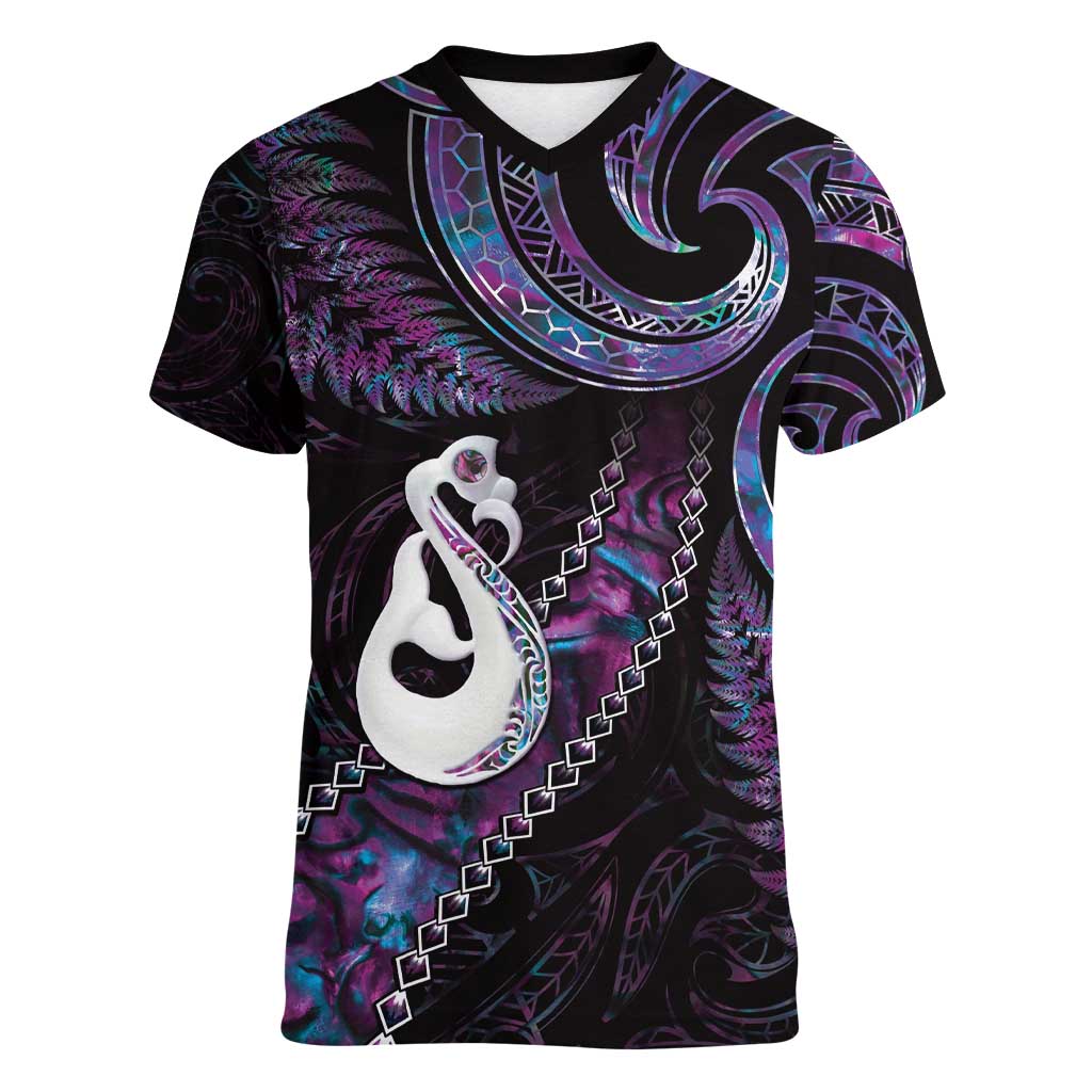 New Zealand Aotearoa Women V-Neck T-Shirt Maori Manaia Paua Shell Glitter Purple
