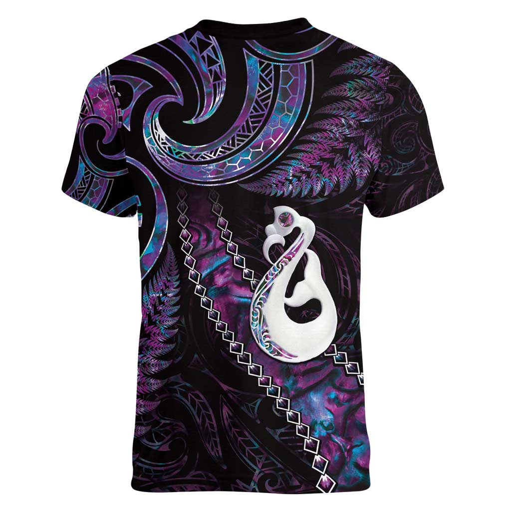 New Zealand Aotearoa Women V-Neck T-Shirt Maori Manaia Paua Shell Glitter Purple