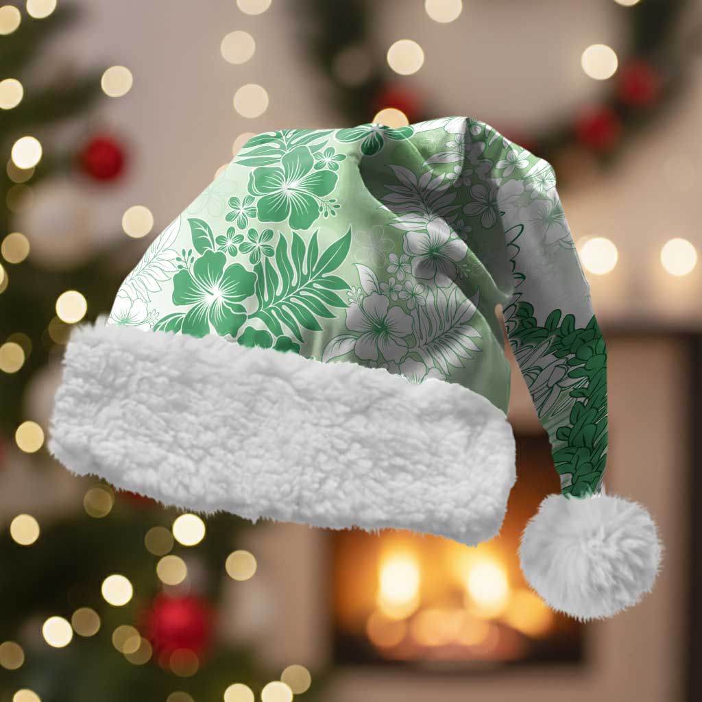 Aloha Hawaii Palaka Christmas Santa Hat Green Plumeria Lei LT05 With Fur Green - Polynesian Pride