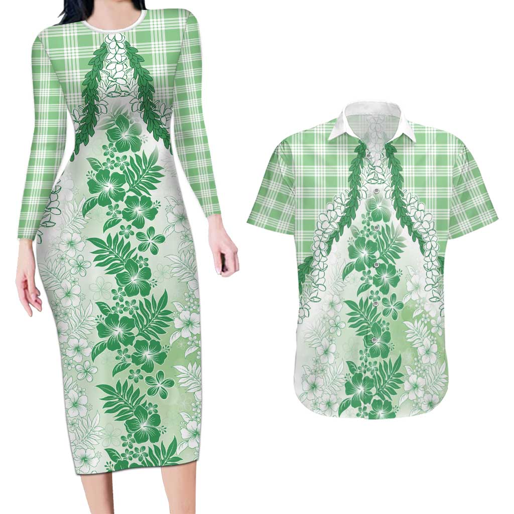 Aloha Hawaii Palaka Couples Matching Long Sleeve Bodycon Dress and Hawaiian Shirt Green Plumeria Lei LT05 Green - Polynesian Pride
