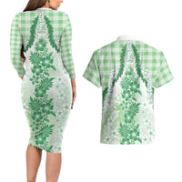 Aloha Hawaii Palaka Couples Matching Long Sleeve Bodycon Dress and Hawaiian Shirt Green Plumeria Lei LT05 - Polynesian Pride