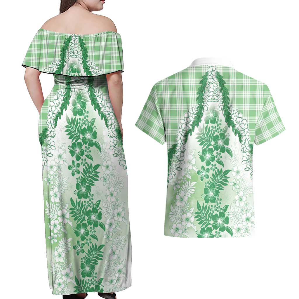 Aloha Hawaii Palaka Couples Matching Off Shoulder Maxi Dress and Hawaiian Shirt Green Plumeria Lei - Polynesian Pride