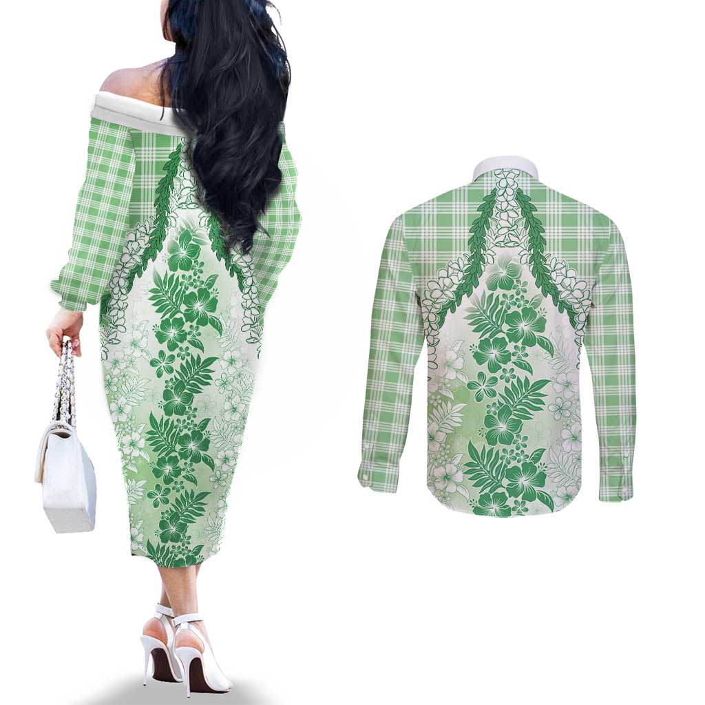 Aloha Hawaii Palaka Couples Matching Off The Shoulder Long Sleeve Dress and Long Sleeve Button Shirt Green Plumeria Lei - Polynesian Pride