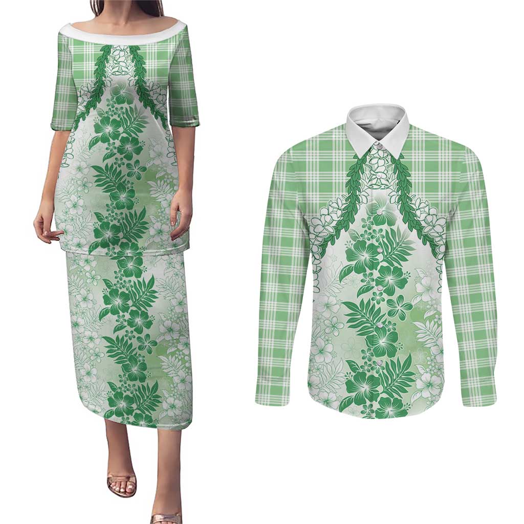 Aloha Hawaii Palaka Couples Matching Puletasi and Long Sleeve Button Shirt Green Plumeria Lei - Polynesian Pride