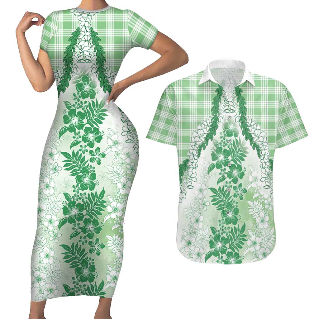 Aloha Hawaii Palaka Couples Matching Short Sleeve Bodycon Dress and Hawaiian Shirt Green Plumeria Lei LT05 Green - Polynesian Pride
