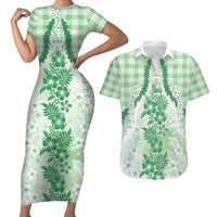Aloha Hawaii Palaka Couples Matching Short Sleeve Bodycon Dress and Hawaiian Shirt Green Plumeria Lei LT05 Green - Polynesian Pride