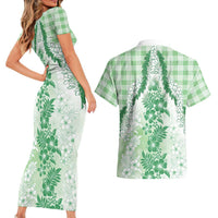 Aloha Hawaii Palaka Couples Matching Short Sleeve Bodycon Dress and Hawaiian Shirt Green Plumeria Lei LT05 - Polynesian Pride