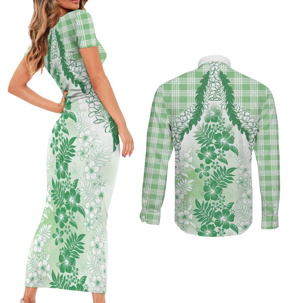Aloha Hawaii Palaka Couples Matching Short Sleeve Bodycon Dress and Long Sleeve Button Shirt Green Plumeria Lei - Polynesian Pride