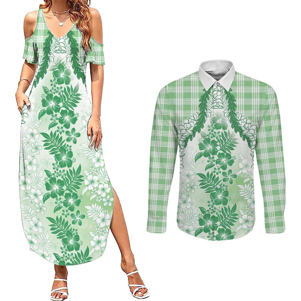 Aloha Hawaii Palaka Couples Matching Summer Maxi Dress and Long Sleeve Button Shirt Green Plumeria Lei - Polynesian Pride