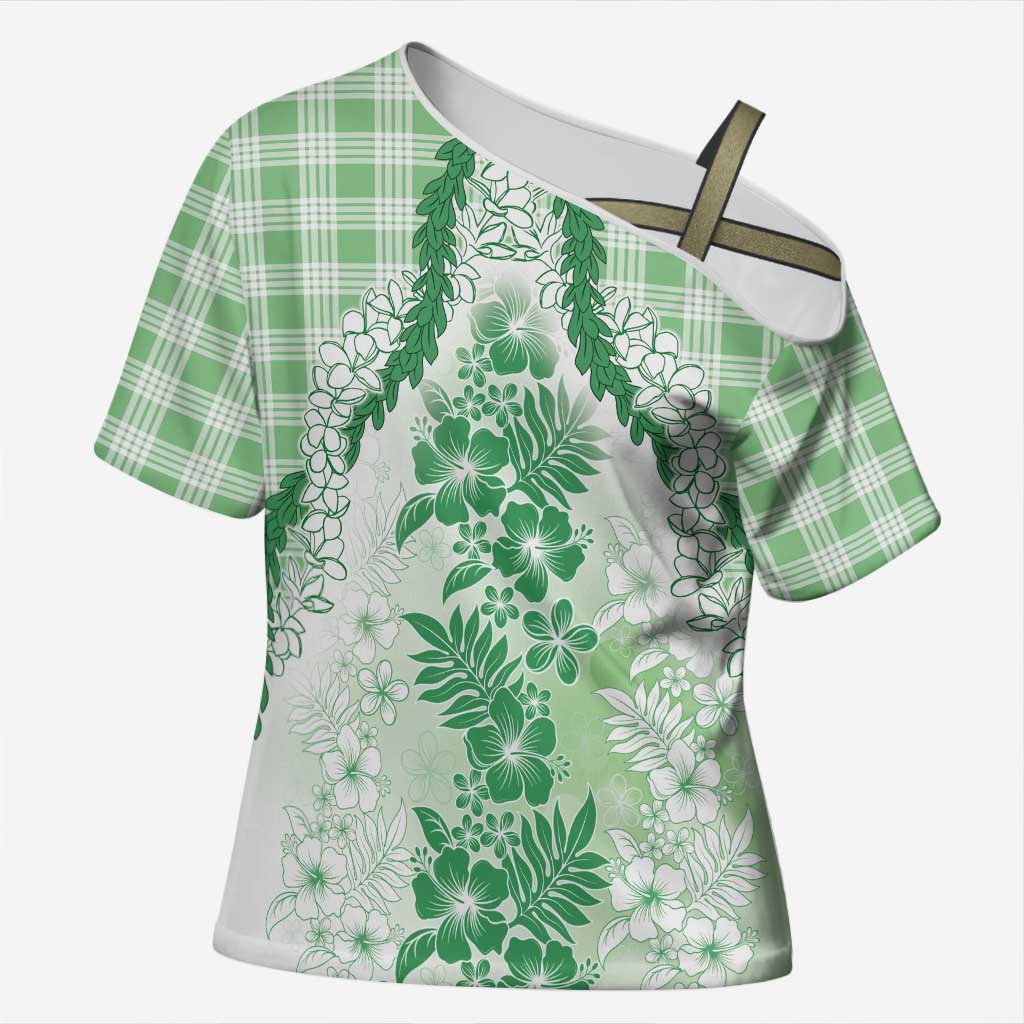 Aloha Hawaii Palaka Cross Shoulder Shirt Green Plumeria Lei - Polynesian Pride