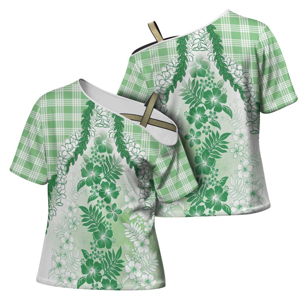 Aloha Hawaii Palaka Cross Shoulder Shirt Green Plumeria Lei - Polynesian Pride