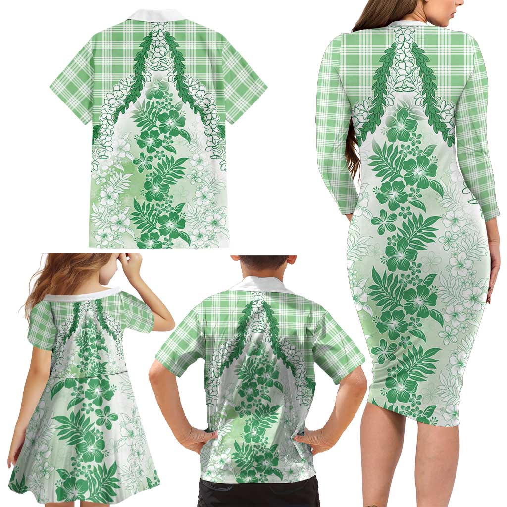 Aloha Hawaii Palaka Family Matching Long Sleeve Bodycon Dress and Hawaiian Shirt Green Plumeria Lei LT05 - Polynesian Pride