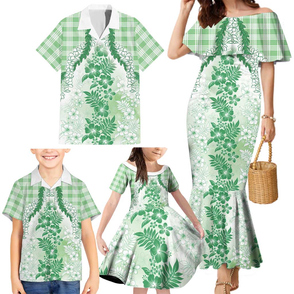 Aloha Hawaii Palaka Family Matching Mermaid Dress and Hawaiian Shirt Green Plumeria Lei - Polynesian Pride