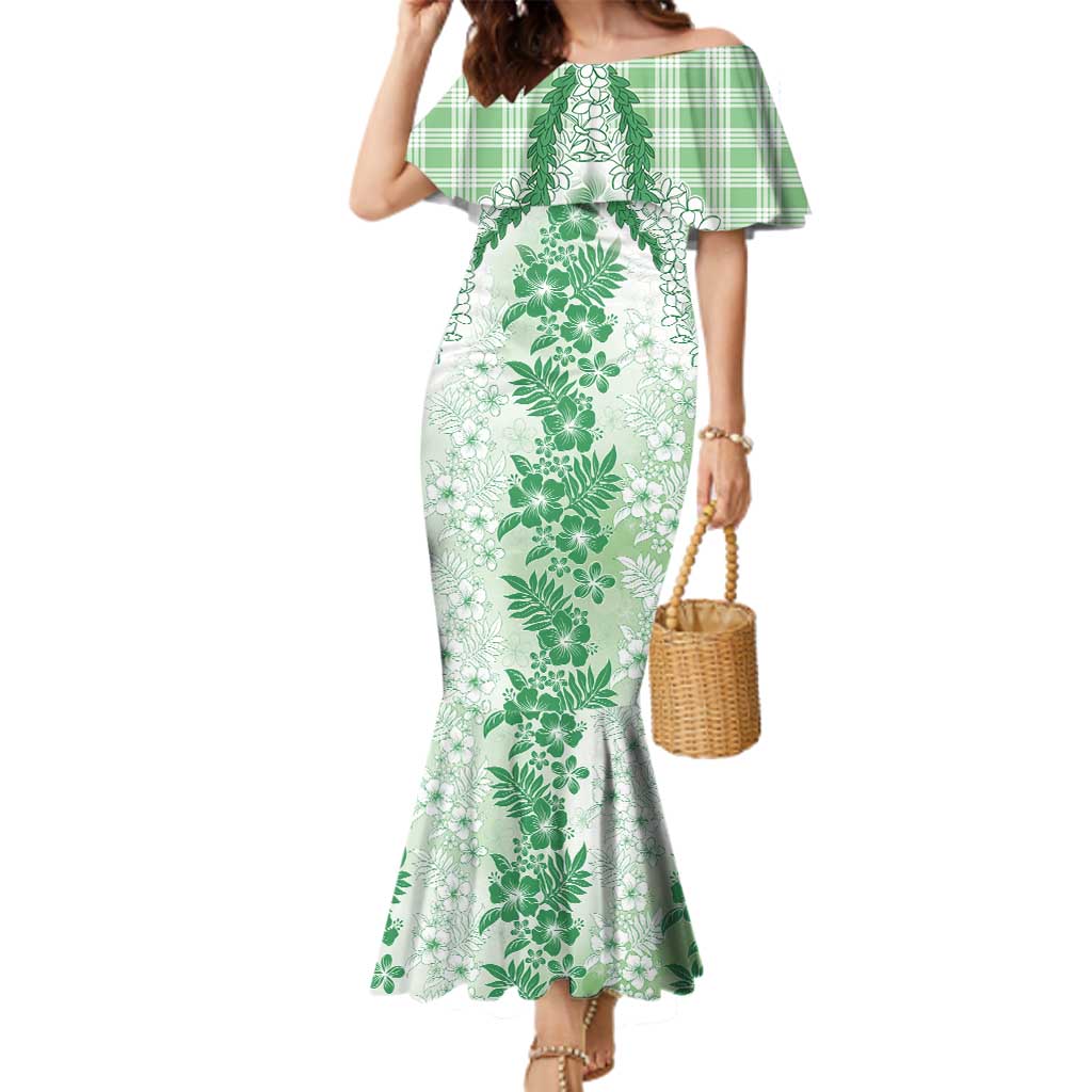Aloha Hawaii Palaka Family Matching Mermaid Dress and Hawaiian Shirt Green Plumeria Lei LT05 Mom's Dress Green - Polynesian Pride
