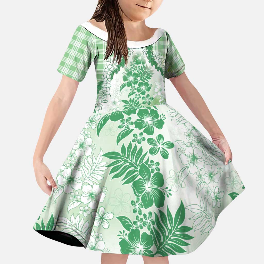 Aloha Hawaii Palaka Family Matching Off The Shoulder Long Sleeve Dress and Hawaiian Shirt Green Plumeria Lei LT05 Daughter's Dress Green - Polynesian Pride