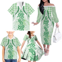 Aloha Hawaii Palaka Family Matching Off The Shoulder Long Sleeve Dress and Hawaiian Shirt Green Plumeria Lei LT05 - Polynesian Pride