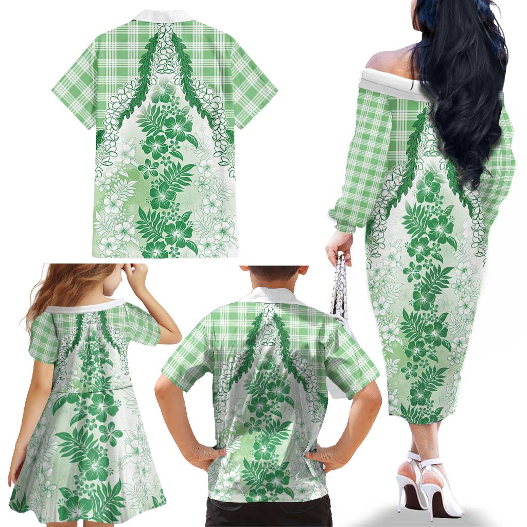 Aloha Hawaii Palaka Family Matching Off The Shoulder Long Sleeve Dress and Hawaiian Shirt Green Plumeria Lei LT05 - Polynesian Pride