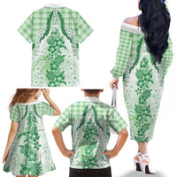 Aloha Hawaii Palaka Family Matching Off The Shoulder Long Sleeve Dress and Hawaiian Shirt Green Plumeria Lei LT05 - Polynesian Pride