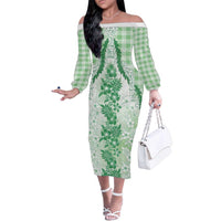 Aloha Hawaii Palaka Family Matching Off The Shoulder Long Sleeve Dress and Hawaiian Shirt Green Plumeria Lei LT05 Mom's Dress Green - Polynesian Pride